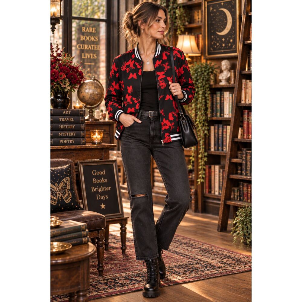 Cactus By Ricky Singh Black Red Butterfly Bomber Jacket Women's Small